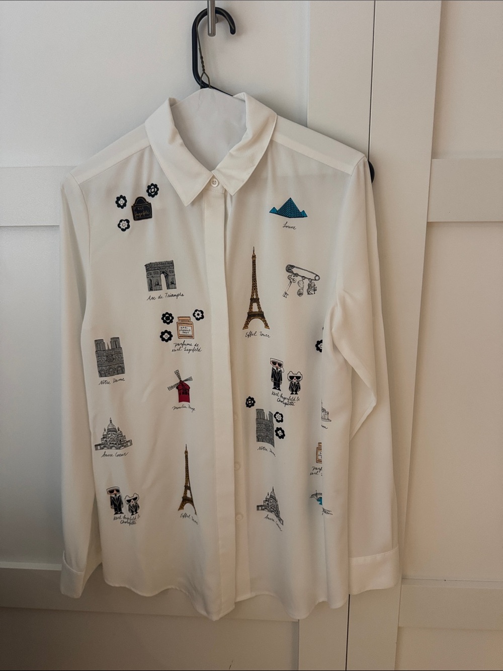Karl Lagerfeld White Embroidered Paris Motif Women's Blouse